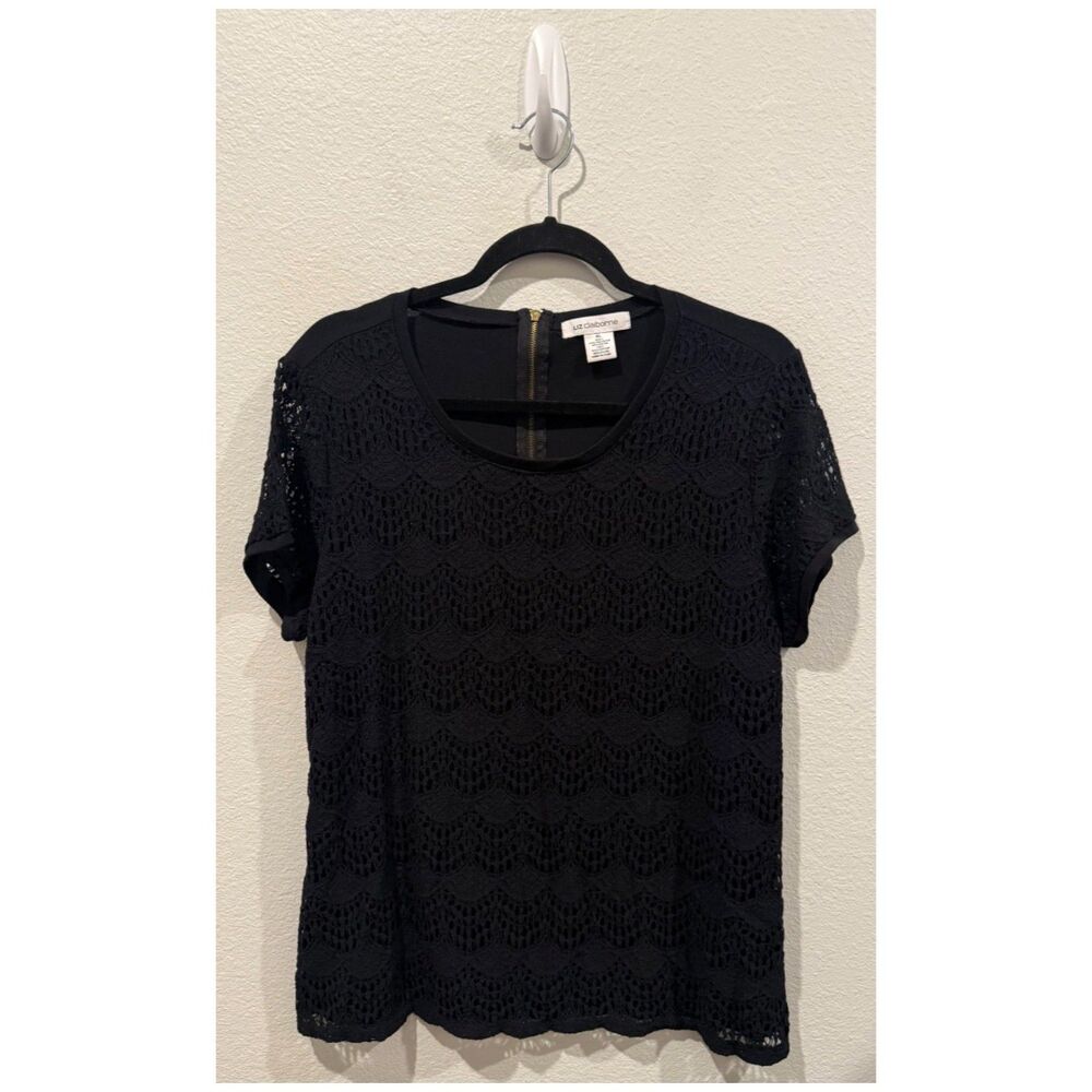 LIZ CLAIBORNE Black Lace Short Sleeve Top Zipper Back